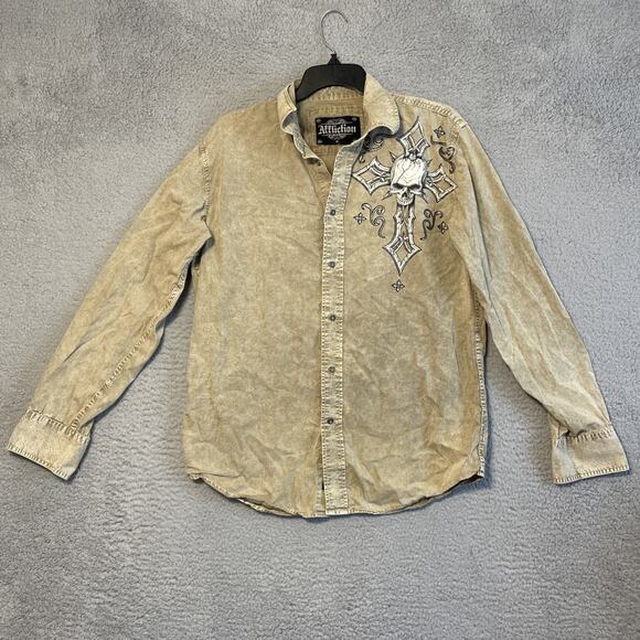 Affliction Other - Affliction Button Down Shirt "DAMMA" Medium Skull Cross Wings Khaki